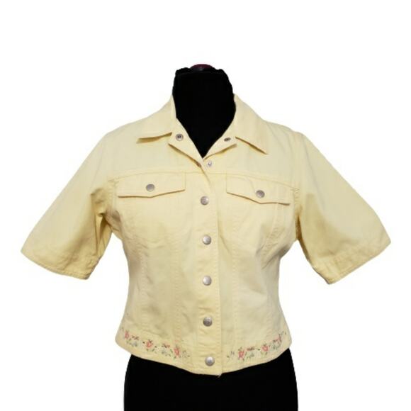 Susan Bristol Half Sleeve Snap Front Embroidered Yellow Denim Crop Jean Jacket - Picture 1 of 11
